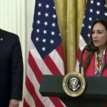 Harmeet Dhillon seen with former President Donald Trump at the White House in 2019 is seeking the presidency of the Republican Party. (Photo: Wikimedia)