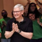 New Delhi: Apple CEO Tim Cook welcomes people at the opening of India’s second Apple Store at  Select City Walk Mall, Saket, in New Delhi, on Thursday, April 20, 2023. (Photo:IANS/Anupam Gautam)