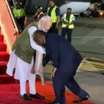 Port Moresby: Prime Minister Narendra Modi being welcomed by the Prime Minister of Papua New Guinea, James Marape, upon his arrival in Port Moresby on Sunday, May 21, 2023. (Photo: IANS/VIdeo Grab)