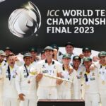 London : Australian players pose with the test mace after winning the World Test Championship Final against India, at the Oval stadium in London, Sunday, June 11, 2023. (Photo: IANS/ICC)